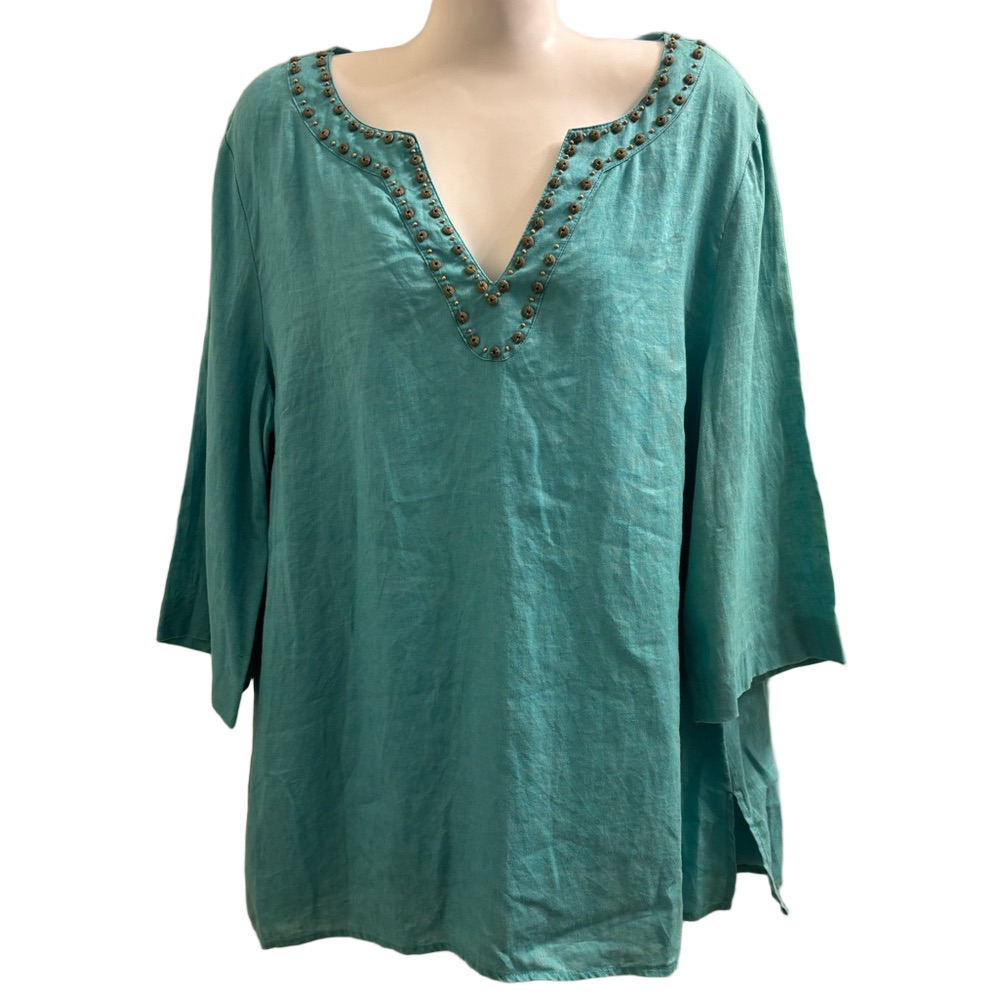 Rafaella 100% Linen Aqua Embellished Tunic Top size XLarge